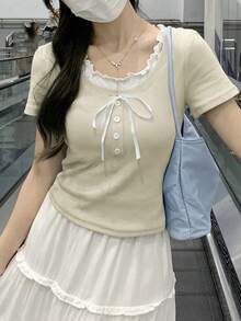 新款修身對比色 2 合 1 甜美短袖 T-shirt 上衣 休閒夏季款 - 杏色 - 查看 5
