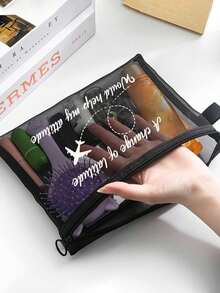 Mesh Nylon Printed Women'S Portable Makeup Bag ,Portable Multipurpose Cosmetic Bag, Airplane Pattern Print Makeup Bag, Women'S Makeup Bag Travel Toilet Organizer,Mesh Travel Toiletry Bag With 'A Change Of Latitude Would Help My Attitude' Quote & Airplane Graphic - Transparent Cosmetic Pouch For Travel, Toiletries, And Organization,Back To School Doctor Teacher Gift - Multicolor - View 2