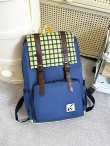 Fashionable Contrast Plaid Flap Front Pocket Patchwork Belt Unisex Backpack
