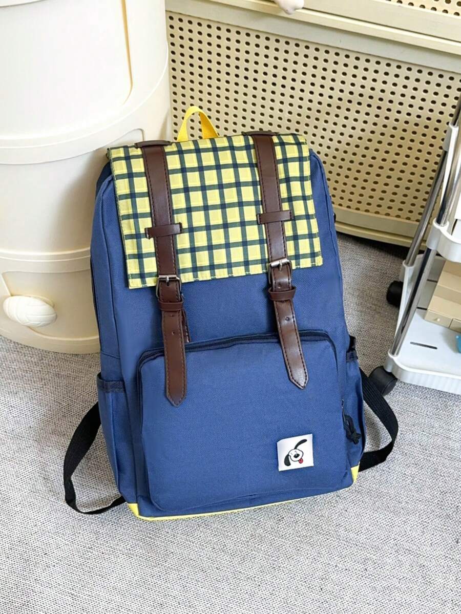 Fashionable Contrast Plaid Flap Front Pocket Patchwork Belt Unisex Backpack