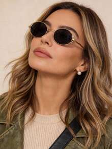 1 Pair Oval Small Frame Hollow Fashion Glasses, Vintage Elegant Versatile Women's Glasses, Suitable For Daily Wear, Street Photography, Vacation, Travel, Summer Beach, Outdoor Activities, Travel Beach Accessories - Dark Grey - View 3
