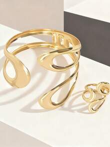 2pcs/Set Asymmetrical Matching Exaggerated Personalized Bracelet Bangle Open Ring Hiphop Alloy Jewelry For Women - Gold - View 3