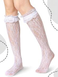 1 Pair Women's Heart Pattern Lace Thigh High Stockings Ruffle Trim Bowknot Over Knee High Socks - Multicolor - View 5