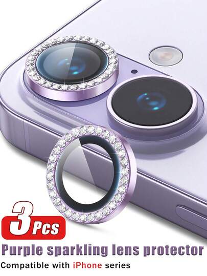 3pcs Camera Lens Protector Film Compatible With IPhone 14/14 Plus/14 Pro Max/14 Pro/15 Pro/15 Pro Max/15/15 Plus/16 Pro Max/16/16 Plus/17/17 Pro/17 Pro Max/17 Air, 9H Tempered Glass Camera Cover Screen Protector With Metal Ring Decor (Diamond Purple)