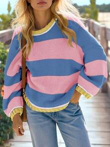 Womens Oversized Sweaters Casual Long Sleeve Striped Color Block Crewneck Knitted Loose Fall Pullover Tops - Hồng - Xem 2