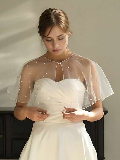 1pc Ivory Short Beaded Bridal Shawl, Rhinestone Decor Wedding Party Bridal Gown Accessory, Thin Sheer Mesh