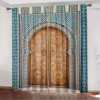 2pcs Set Vintage Arch Print Light Filtering Curtains - Rod Pocket Design For Easy Hanging, Perfect For Bedroom, Living Room, Office & Home Decor, Polyester Material, Digital Print, Suitable For