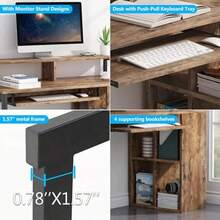 Escritorio para Computadora con Toma de Corriente Mesa de Oficina en Casa para Gaming y Estudio Escritorio de Esquina con Bandeja para Teclado Soporte para Monitor y Estantes - Marrn - Ver 4