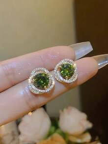 1 Pair Elegant Geometric Pattern Green Crystal Glass Earrings, Featuring Unique French Style, Suitable For Parties, Holidays And Vacations - Green - View 1