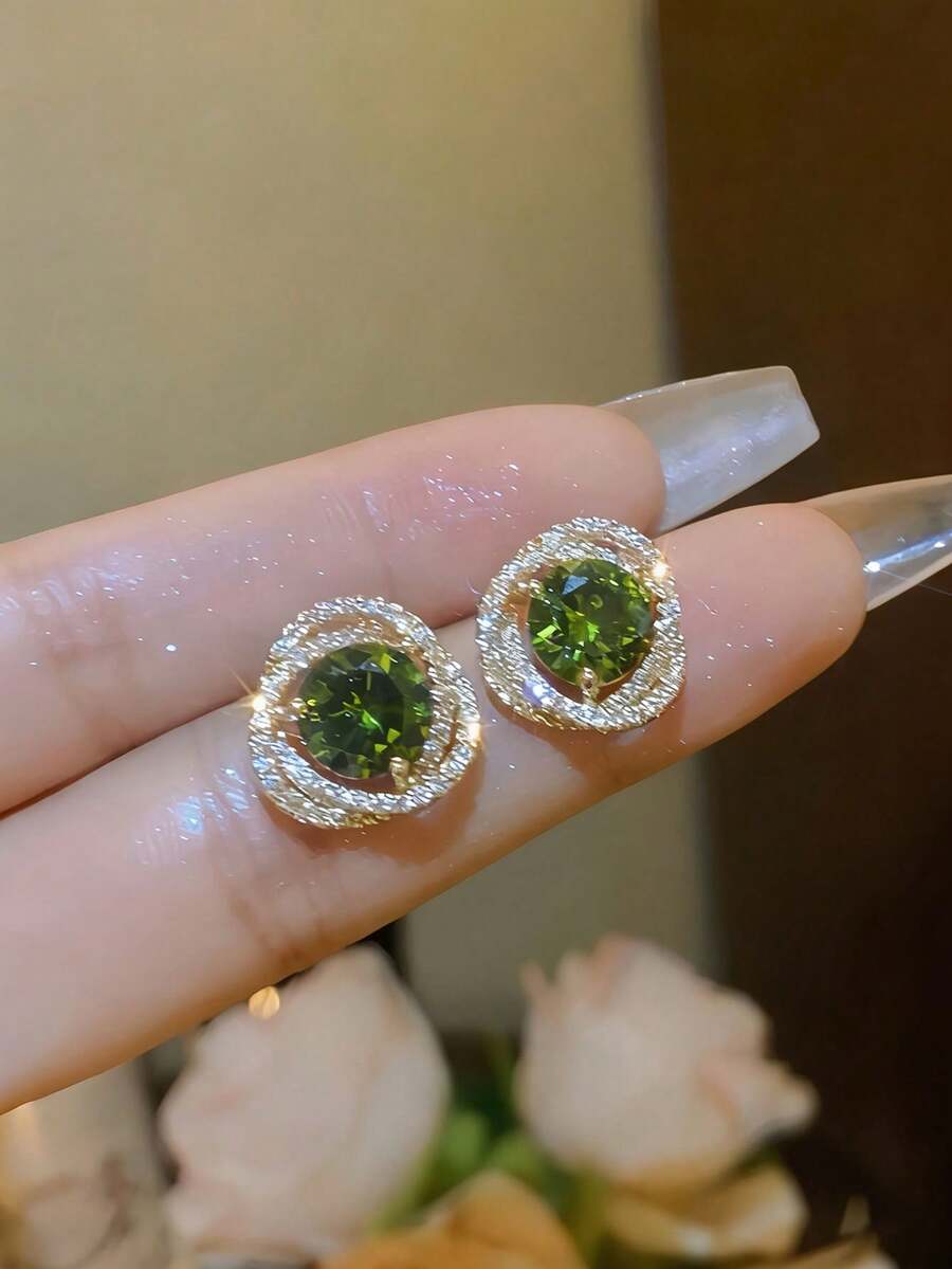 1 Pair Elegant Geometric Pattern Green Crystal Glass Earrings, Featuring Unique French Style, Suitable For Parties, Holidays And Vacations - Green - View 1