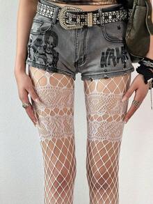 1双复古镂空高街哥特/Emo风渔网袜，性感Y2K坏女孩蕾丝拼接可爱打底裤，2件套分层/渔网灰色镂空+星星印花白色连裤袜，朋克摇滚风长袜，适合派对和庆典 - 彩色 - 查看 5