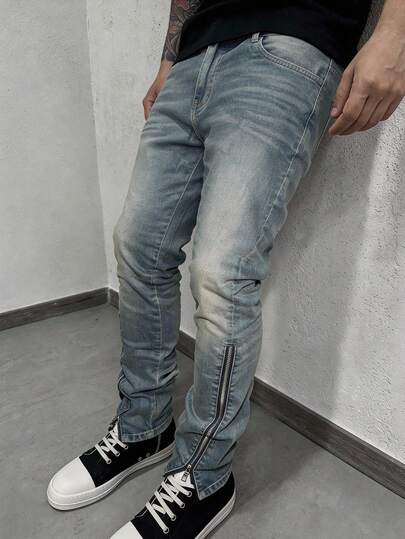 男士拉链裤脚牛仔裤，深色复古猫须做旧水洗，修身版型，竖向拉链裤脚设计，美式Y2K街头服饰单品