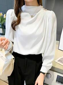 女士休闲通勤衬衫，立领，褶裥设计，公主袖，春秋季白色 - 白色 - 查看 3