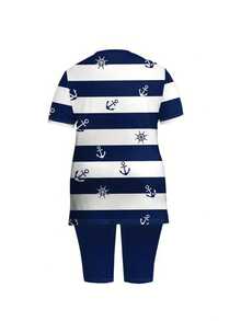Set de 2 piezas Conjunto casual de mujer con rayas de colores contrastantes, para primavera/verano - Azul - Ver 2