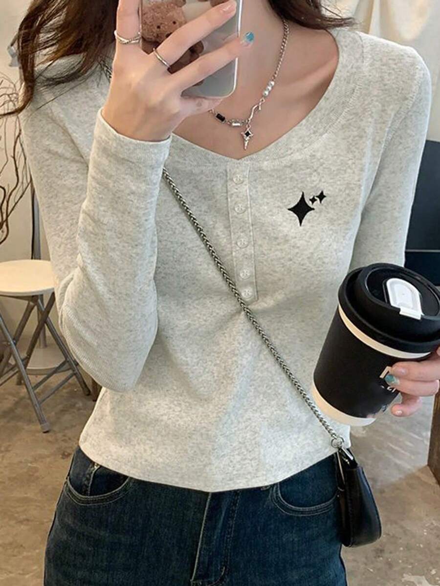 American Raglan Long Sleeve T-Shirt For Women, Minimalist Design, Layering Crop Top, Spring/Autumn - Grey - View 1