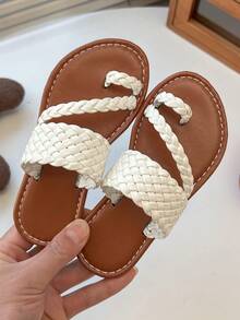 1 Pair Children's White Woven PU Non-Slip Durable Round Toe Fish Mouth Flat Slip-On Sandals, Suitable For 3-15 Years Old Boys And Girls, Daily Wear, Gatherings, Travel, Street Style, Spring/Summer 2026 New Arrival