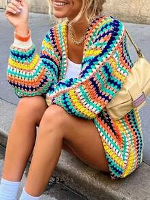Women's Cardigan, Casual Soft Knit Jacket, Striped Multi-Color Long Sleeve Ruffle Knit Sweater, Autumn Outerwear Spring - Coral Orange - View 5
