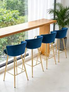 26 Inch Set Of 2 Bar Stools,With Chrome Footrest And Base ,Electroplated Metal Frame,Velvet + Golden Leg, Simple Bar Stool With Back And Arm.High Chair For Restaurant, Coffee Shop,Kitchen Island And Home Bar.Furniture Living Room - 藍色 - 查看 2