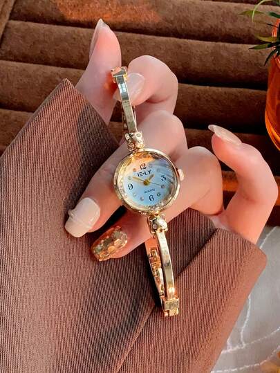 1pc Minimalist Thin Strap Women Watch, Fashionable Elegant Gold Chain Style Bracelet Watch, Suitable For Daily Decoration