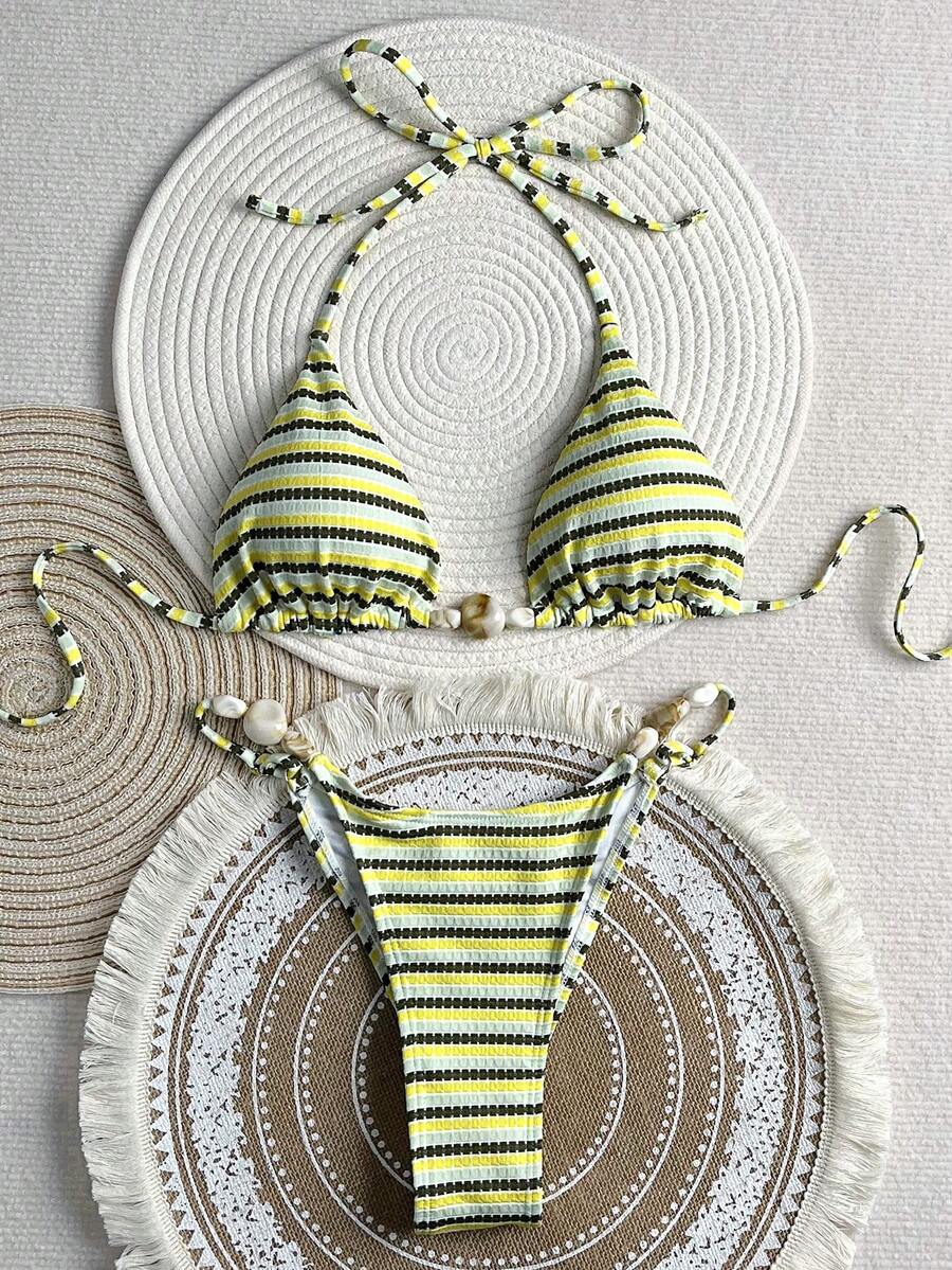 2pcs Textured Fabric Resin Buckle Fashionable Women Bikini Swimsuit - Multicolor - View 1