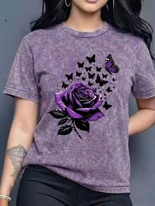 女士夏季复古玫瑰印花水洗清凉休闲简约宽松日常复古圆领短袖T恤上衣夏季女装 - 紫色 - 查看 6
