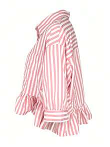 Women's Striped Shirt, Casual Vacation Front Button Loose Blouse, Spring/Summer - Pink - View 4
