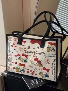 SANRIO 高品質卡通小貓單肩包，大容量學生帆布托特包，通勤手提包，女性必備戶外收納包 - 彩色 - 查看 3