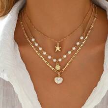 Beach Style Starfish Shell Pendant Necklace Set Women's Pearl Layered Gold Chain Jewelry - Gold - View 4