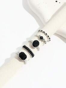 5pcs/Set Ins Style Faux Black Gemstone Diamond Shaped Rings, Multi-Element Black Crystal Ring Set For Women - Silver - View 3