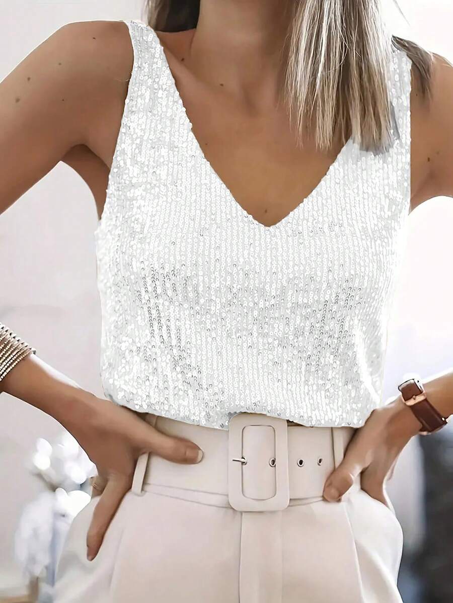 Sequin V-Neck Sleeveless Top, Elegant Tank Top For Spring And Summer Casual - Pearl White - View 1