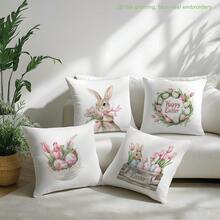 4个单面印花复活节粉色郁金香、复活节彩蛋、兔子图案枕套，尺寸分别为17.7*17.7英寸（45*45厘米）、19.69*19.69英寸（50*50厘米）和15.75*15.75英寸（40*40厘米），适用于日常使用、家居装饰、客厅沙发、卧室、汽车等场所。[不含枕芯] - 彩色 - 查看 9