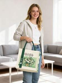 Vintage Floral Print Tote Bag, White Rose Flower Handbag, Foldable Large Capacity Thick Mommy/Student Bag, Casual Travel Beach Bag, Storage Pouch, Student Backpack, Suitable For Daily Use, Commuting, Shopping, Business Travel, Also Can Be Used As Back To School Backpack, Pencil Case Or Shopping Bag. - Multicolor - View 4