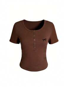 夏季新款简约蝴蝶结印花日常休闲纽扣金属可调节T恤，时尚百搭女式上衣 - 咖啡棕 - 查看 3