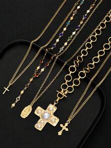 5件套复古朋克中世纪十字架水钻镶嵌耶稣肖像几何OT锁仿珍珠项链Y型链多层项链套装，适合基督徒女性日常、节日、约会、派对佩戴 - 金黃色 - 查看 4