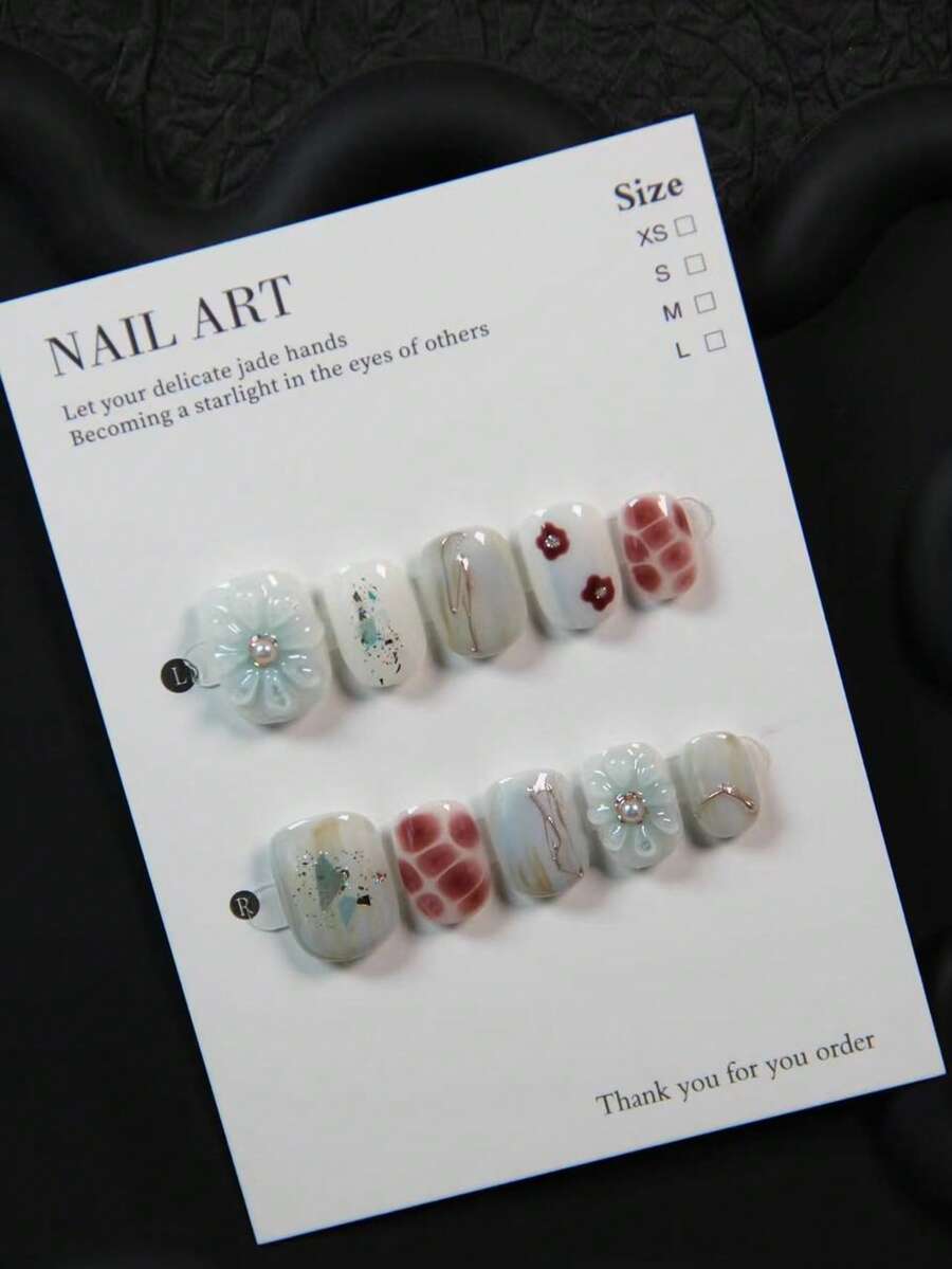 10 miếng dán móng tay hình oval thủ công, decal hoa 3D bằng acrylic đính đá, trang sức móng tay tái sử dụng dành cho nữ, bé gái, dùng hàng ngày, dự tiệc, đám cưới, ngày lễ, bao gồm dũa móng và gel móng tay. - Màu xanh nhạt - Xem 1