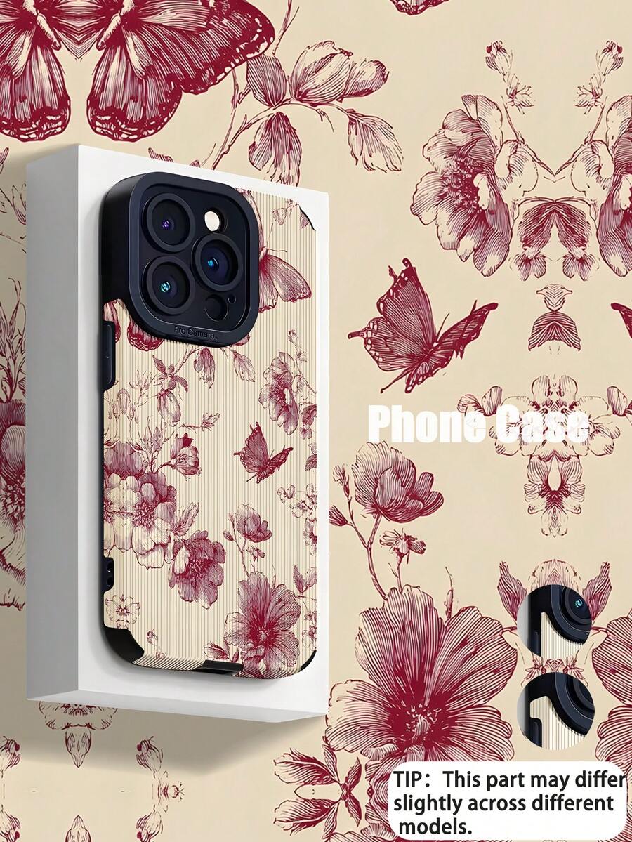 1pc Fashionable Pink Linear Butterfly & Flower Print Textured Soft Protective Phone Case, Suitable As Birthday, Holiday Gift For Friends, Family, Couples, Fits 17/17 Air/17 Pro/17 Pro Max, 16/16 Plus/16 Pro/16 Pro Max, 15/15 Plus/15 Pro