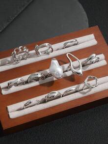 12pcs Baroque Style Faux Pearl Rings Set, Asymmetrical Layered Rings With Diverse Elements For Women - Silver - View 2