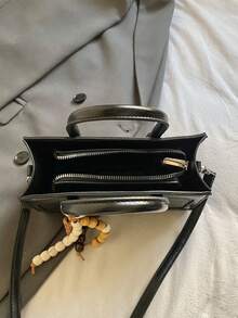 Women's High-Quality PU Leather Minimalist Structured Tote Bag With Beaded Charm, Casual Shoulder Bag - Black - View 10