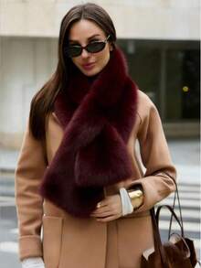 1pc Women's Faux Fur Scarf Shawl, Fashionable Versatile Warm Scarf Shawl For Daily Wear, Autumn/Winter - Burgundy - View 2