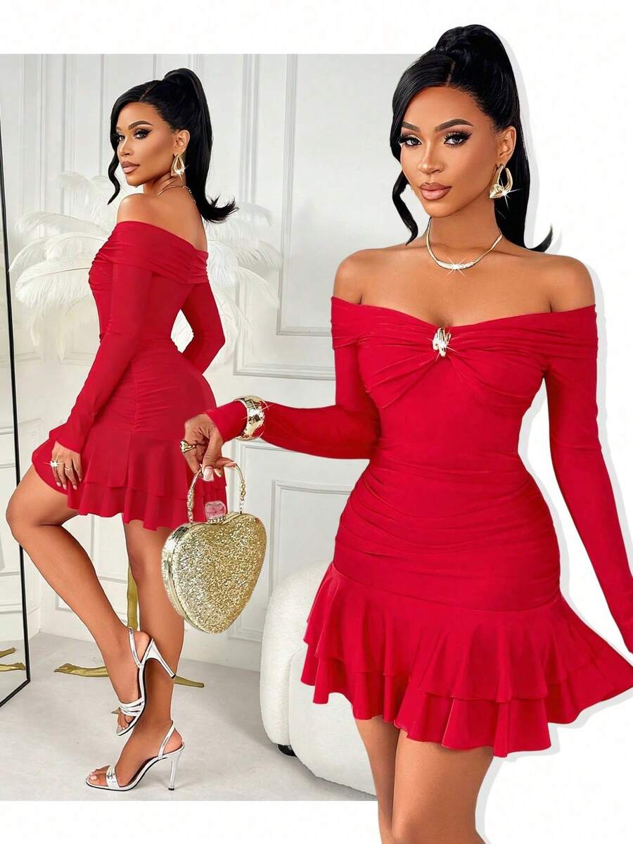 AIJ Đầm mini dáng ôm trễ vai, xếp ly eo, gợi cảm của Amarilo dành cho nữ, với cúc trang trí và bèo nhún hai lớp, hoàn hảo cho các buổi hẹn hò, tiệc cocktail, dự đám cưới, trang phục lễ hội và những buổi tối đi chơi cùng bạn bè mùa xuân. Đầm thanh lịch cho các bữa tiệc mùa xuân dành cho nữ. - Đỏ thật - Xem 1