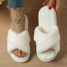 Cross-Strap Ladies Fur Plush Slippers Foreign Trade Cross-Border Slippers Open-Toed Slippers Home Girls Warm Cotton Slippers - 白色 - 查看 2