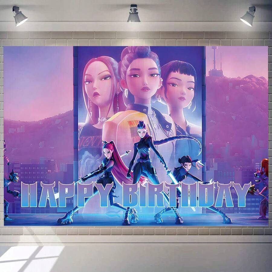 Toile de fond pour fête d'anniversaire sur le thème de HUNTRX K-Pop, avec impressions de personnages (design de groupe et individuel), grand rideau de fond photo, décoration de style K-Pop pour célébration, convient pour anniversaire, Nouvel An, Saint-Valentin, Thanksgiving et fête de fans de K-Pop - Multicolore - Voir 1