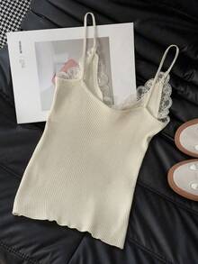 Lace Camisole Women's Undershirt, V-Neck Knit Vest With Lace Patchwork, Suitable For Winter, Christmas, Spring New Year Outfits - Apricot - View 5