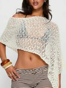 Women Knitted Poncho Loose See Through Boat Neck Off Shoulder Asymmetrical Crop Coverup Tops - trắng - Xem 5