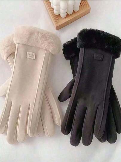 2 Pair Women's Plush Lined Thermal Cycling Gloves - Fur Cuff Touchscreen Gloves, Windproof & Water-Resistant For Winter Commuting, Skiing & Dog Walking
