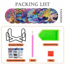 8件套钻石画杯垫带支架，DIY生命之树图案钻石画杯垫，适合成人和初学者的钻石画套装，钻石画工艺用品，精美礼品，送给朋友 - 彩色 - 查看 2
