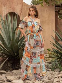 Faeriesty 优雅女士露肩拼接长款连衣裙：波西米亚风印花连衣裙，泡泡袖，荷叶边下摆，收腰设计，轻盈蕾丝饰边——完美适用于花园婚礼、新娘写真、私奔、浪漫之旅、波西米亚主题夏季活动 - 彩色 - 查看 6