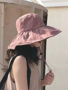 1顶新款韩版女士可折叠大檐遮阳帽，夏季款，黑色乙烯基材质，防紫外线，渔夫帽