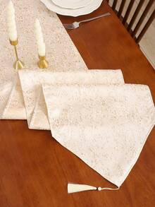 Caminho de mesa decorativo em jacquard dourado (1 peça), com estampa abstrata e franjas, ideal para sala de jantar, sala de estar e ocasiões festivas. - Ouro - Ver 4