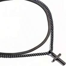 男士项链手链套装，不锈钢黑色十字架项链长60厘米，手链长21厘米，情人节和父亲节礼物 - 黑色2件套裝款式4 - 查看 3